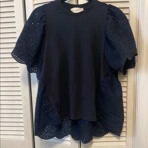 Pomander Place Blue Blouse with Puff Sleeves and Bib Collar